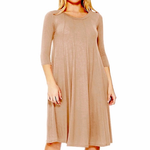 MOA Collection Plus Size 3/4 Sleeves A-Line Swing Trapeze Midi Dress Taupe Mocha - Picture 13 of 13
